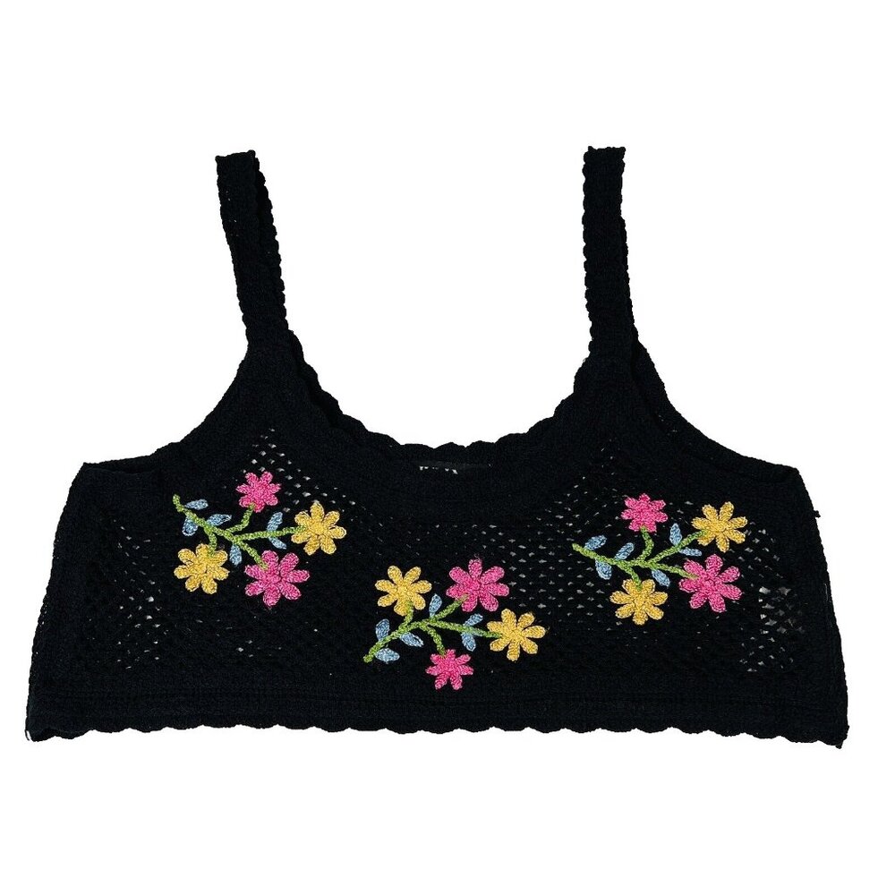 Black Knit Bikini Crop Top Floral Embroidered Boho Festival Size Small